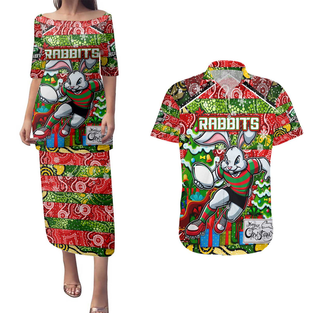 Custom Rabbitohs Rugby Merry Christmas Couples Matching Puletasi and Hawaiian Shirt Indigenous Australian Art