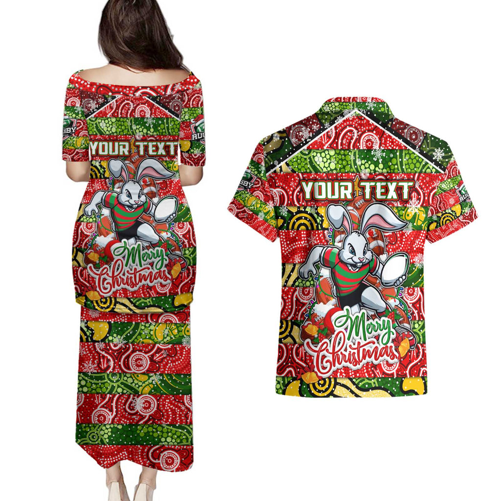 Custom Rabbitohs Rugby Merry Christmas Couples Matching Puletasi and Hawaiian Shirt Indigenous Australian Art