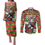 Custom Rabbitohs Rugby Merry Christmas Couples Matching Puletasi and Long Sleeve Button Shirt Indigenous Australian Art