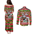Custom Rabbitohs Rugby Merry Christmas Couples Matching Puletasi and Long Sleeve Button Shirt Indigenous Australian Art
