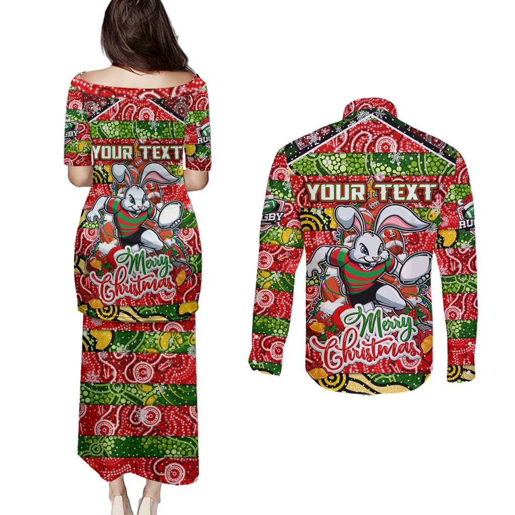 Custom Rabbitohs Rugby Merry Christmas Couples Matching Puletasi and Long Sleeve Button Shirt Indigenous Australian Art