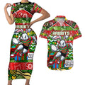 Custom Rabbitohs Rugby Merry Christmas Couples Matching Short Sleeve Bodycon Dress and Hawaiian Shirt Indigenous Australian Art