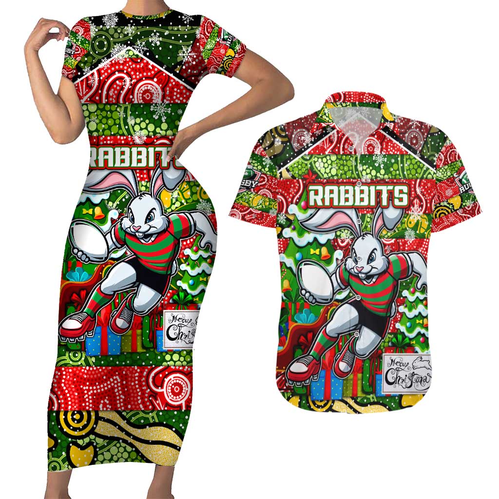 Custom Rabbitohs Rugby Merry Christmas Couples Matching Short Sleeve Bodycon Dress and Hawaiian Shirt Indigenous Australian Art