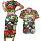 Custom Rabbitohs Rugby Merry Christmas Couples Matching Short Sleeve Bodycon Dress and Hawaiian Shirt Indigenous Australian Art