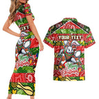 Custom Rabbitohs Rugby Merry Christmas Couples Matching Short Sleeve Bodycon Dress and Hawaiian Shirt Indigenous Australian Art