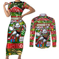 Custom Rabbitohs Rugby Merry Christmas Couples Matching Short Sleeve Bodycon Dress and Long Sleeve Button Shirt Indigenous Australian Art