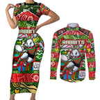 Custom Rabbitohs Rugby Merry Christmas Couples Matching Short Sleeve Bodycon Dress and Long Sleeve Button Shirt Indigenous Australian Art