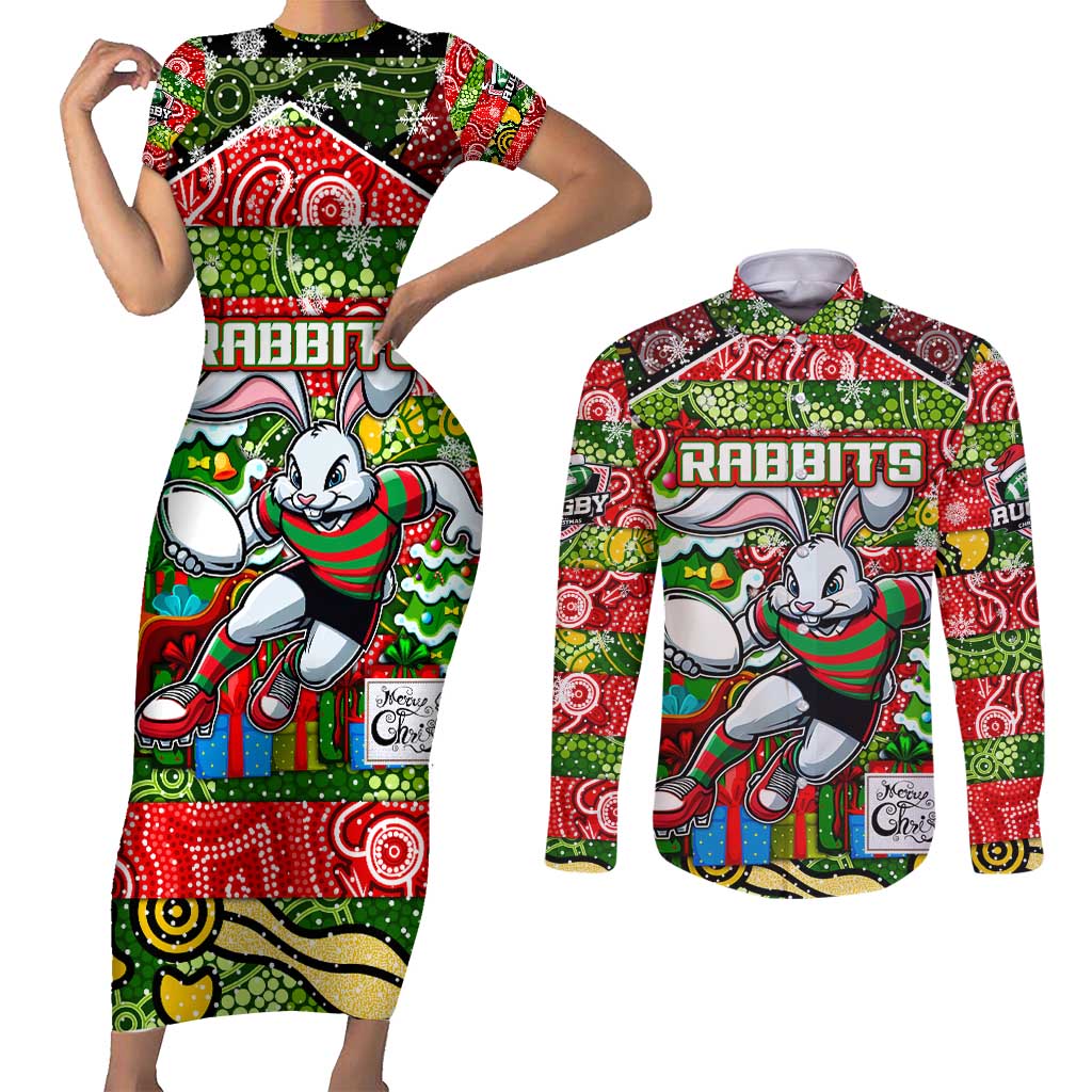 Custom Rabbitohs Rugby Merry Christmas Couples Matching Short Sleeve Bodycon Dress and Long Sleeve Button Shirt Indigenous Australian Art