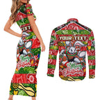 Custom Rabbitohs Rugby Merry Christmas Couples Matching Short Sleeve Bodycon Dress and Long Sleeve Button Shirt Indigenous Australian Art
