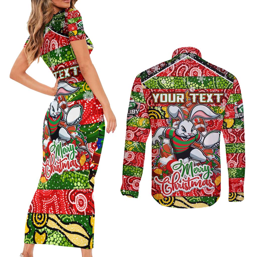 Custom Rabbitohs Rugby Merry Christmas Couples Matching Short Sleeve Bodycon Dress and Long Sleeve Button Shirt Indigenous Australian Art