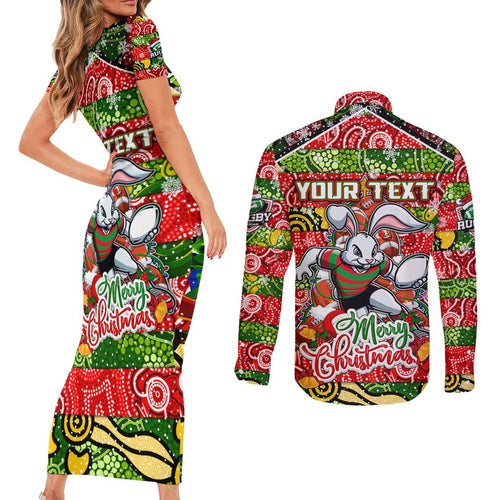Custom Rabbitohs Rugby Merry Christmas Couples Matching Short Sleeve Bodycon Dress and Long Sleeve Button Shirt Indigenous Australian Art