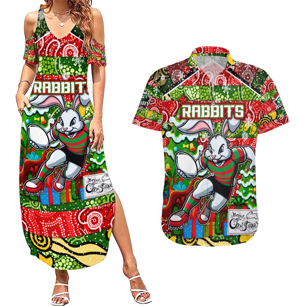 Custom Rabbitohs Rugby Merry Christmas Couples Matching Summer Maxi Dress and Hawaiian Shirt Indigenous Australian Art