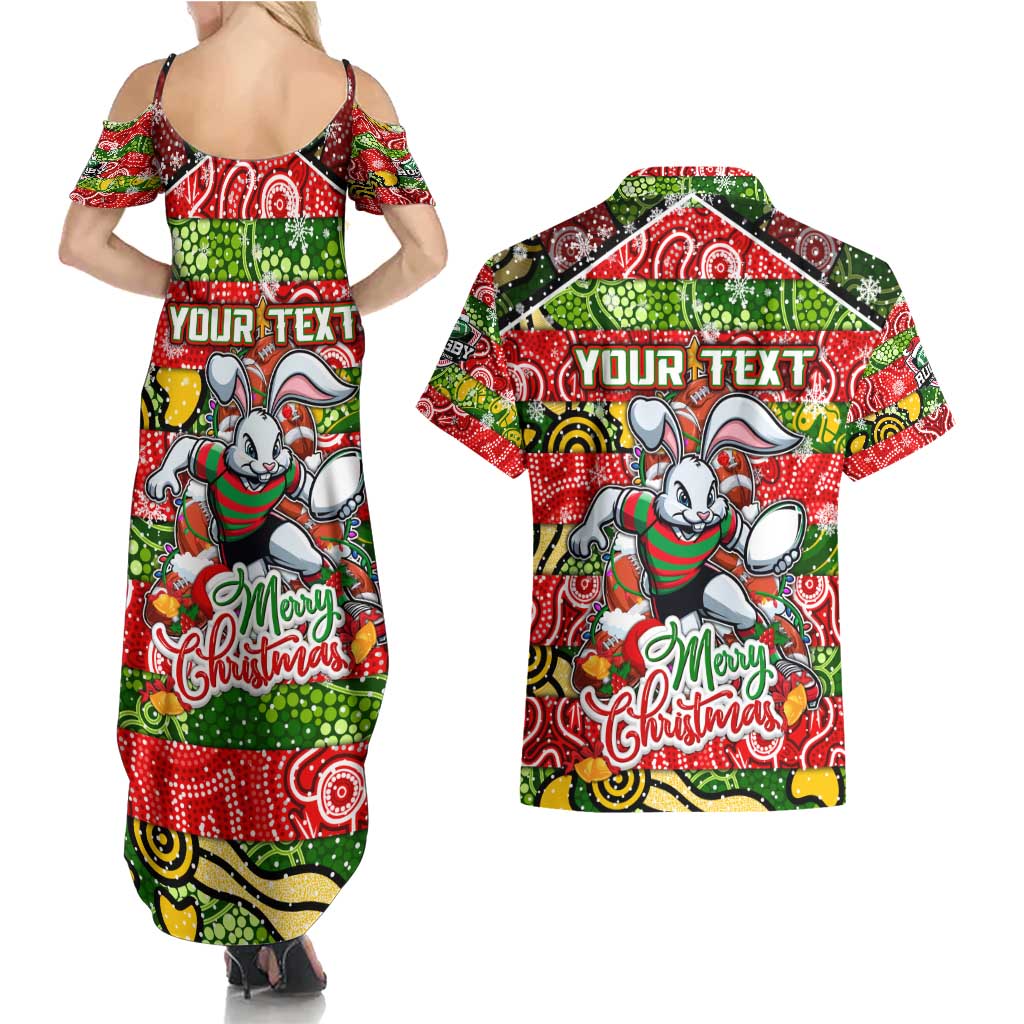 Custom Rabbitohs Rugby Merry Christmas Couples Matching Summer Maxi Dress and Hawaiian Shirt Indigenous Australian Art