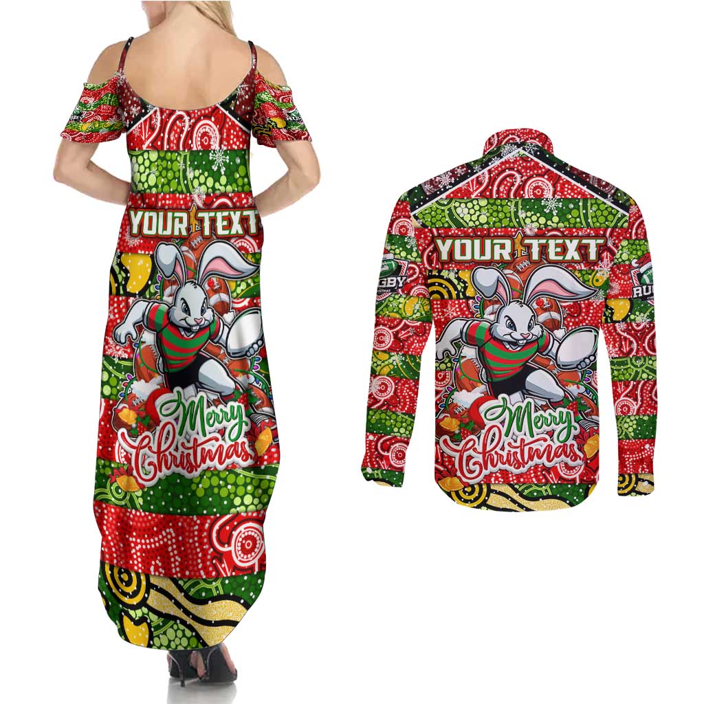 Custom Rabbitohs Rugby Merry Christmas Couples Matching Summer Maxi Dress and Long Sleeve Button Shirt Indigenous Australian Art