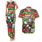 Custom Rabbitohs Rugby Merry Christmas Couples Matching Tank Maxi Dress and Hawaiian Shirt Indigenous Australian Art