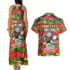 Custom Rabbitohs Rugby Merry Christmas Couples Matching Tank Maxi Dress and Hawaiian Shirt Indigenous Australian Art