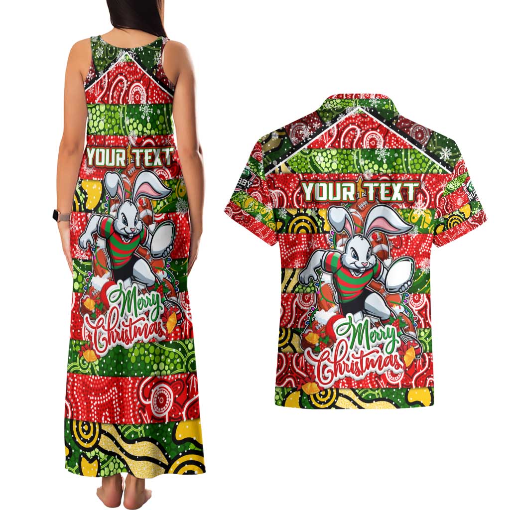 Custom Rabbitohs Rugby Merry Christmas Couples Matching Tank Maxi Dress and Hawaiian Shirt Indigenous Australian Art