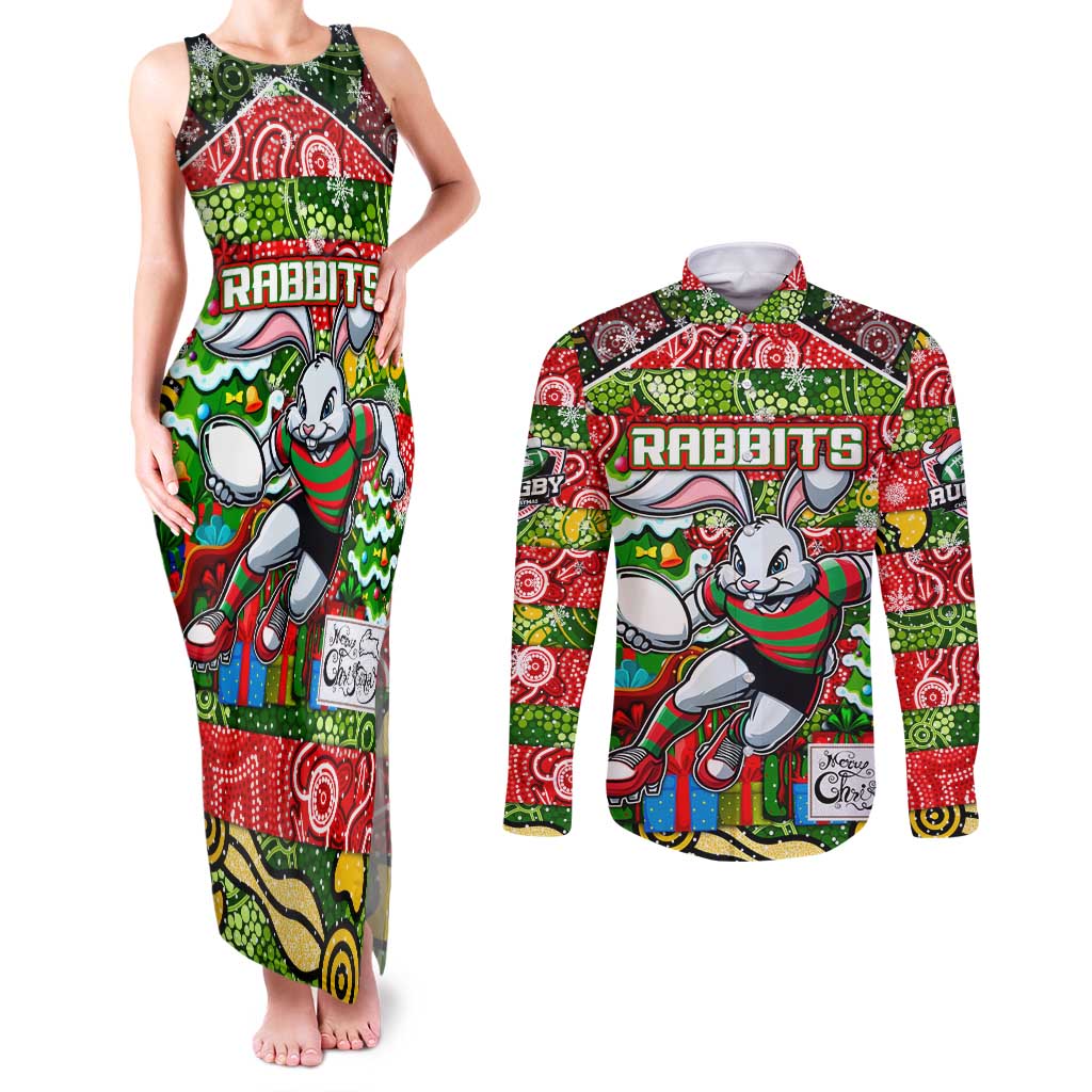 Custom Rabbitohs Rugby Merry Christmas Couples Matching Tank Maxi Dress and Long Sleeve Button Shirt Indigenous Australian Art