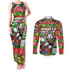 Custom Rabbitohs Rugby Merry Christmas Couples Matching Tank Maxi Dress and Long Sleeve Button Shirt Indigenous Australian Art