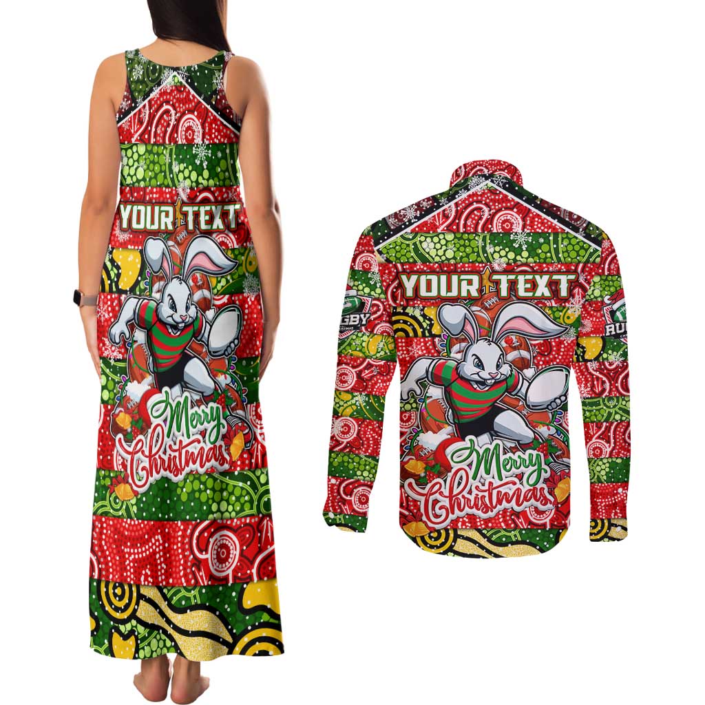 Custom Rabbitohs Rugby Merry Christmas Couples Matching Tank Maxi Dress and Long Sleeve Button Shirt Indigenous Australian Art