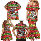 Custom Rabbitohs Rugby Merry Christmas Family Matching Mermaid Dress and Hawaiian Shirt Indigenous Australian Art