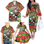 Custom Rabbitohs Rugby Merry Christmas Family Matching Off The Shoulder Long Sleeve Dress and Hawaiian Shirt Indigenous Australian Art