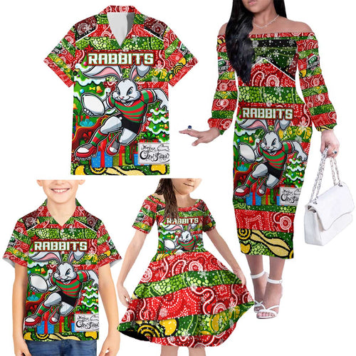 Custom Rabbitohs Rugby Merry Christmas Family Matching Off The Shoulder Long Sleeve Dress and Hawaiian Shirt Indigenous Australian Art