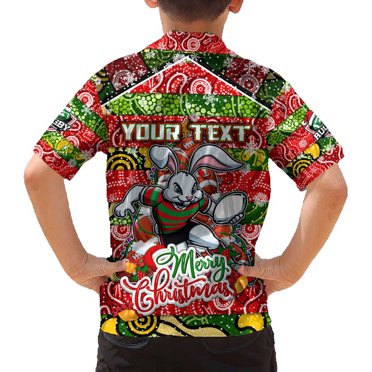 Custom Rabbitohs Rugby Merry Christmas Family Matching Off The Shoulder Long Sleeve Dress and Hawaiian Shirt Indigenous Australian Art