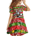 Custom Rabbitohs Rugby Merry Christmas Family Matching Off The Shoulder Long Sleeve Dress and Hawaiian Shirt Indigenous Australian Art