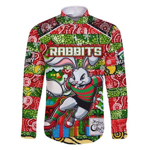 Custom Rabbitohs Rugby Merry Christmas Family Matching Off The Shoulder Long Sleeve Dress and Hawaiian Shirt Indigenous Australian Art