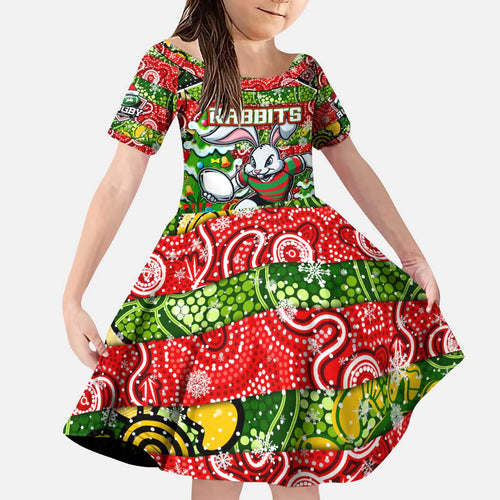 Custom Rabbitohs Rugby Merry Christmas Family Matching Puletasi and Hawaiian Shirt Indigenous Australian Art