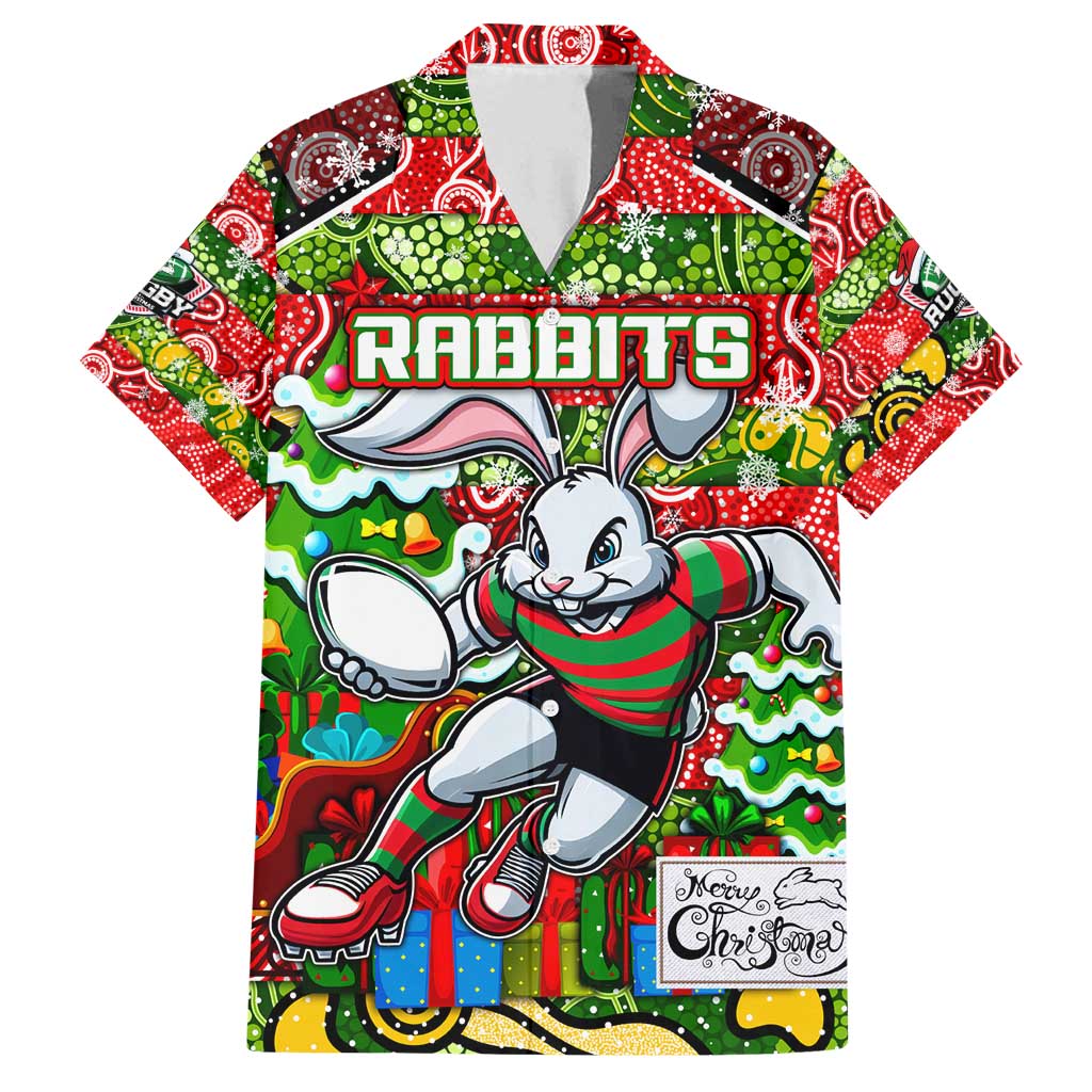Custom Rabbitohs Rugby Merry Christmas Family Matching Puletasi and Hawaiian Shirt Indigenous Australian Art