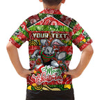 Custom Rabbitohs Rugby Merry Christmas Family Matching Short Sleeve Bodycon Dress and Hawaiian Shirt Indigenous Australian Art