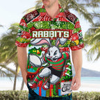 Custom Rabbitohs Rugby Merry Christmas Hawaiian Shirt Indigenous Australian Art