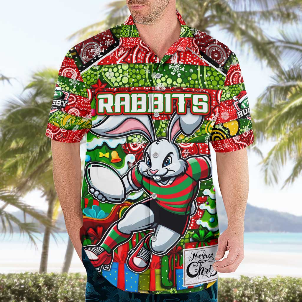 Custom Rabbitohs Rugby Merry Christmas Hawaiian Shirt Indigenous Australian Art