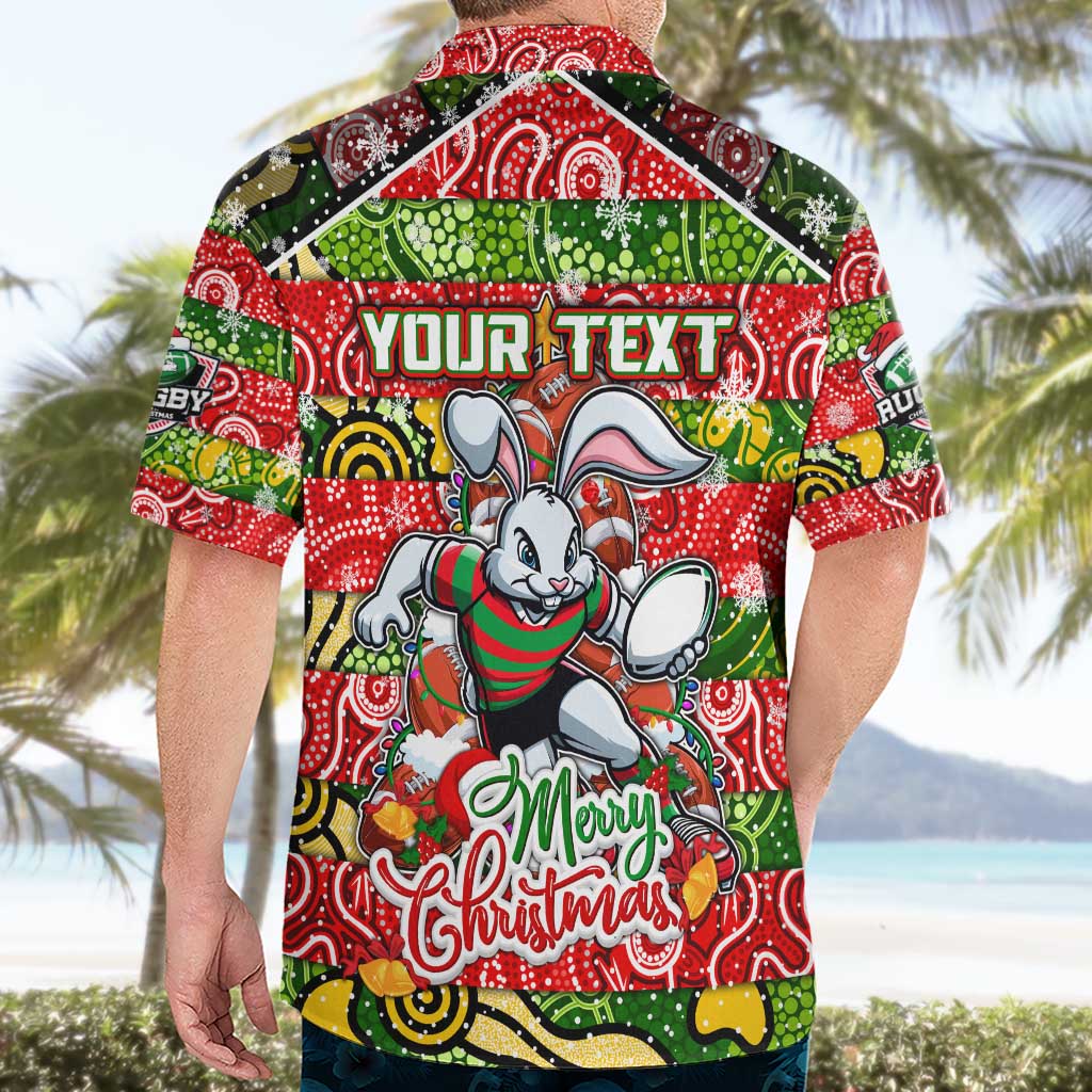 Custom Rabbitohs Rugby Merry Christmas Hawaiian Shirt Indigenous Australian Art
