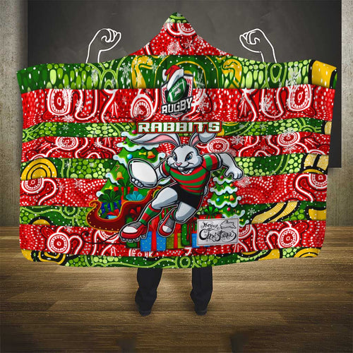 Rabbitohs Rugby Merry Christmas Hooded Blanket Indigenous Australian Art
