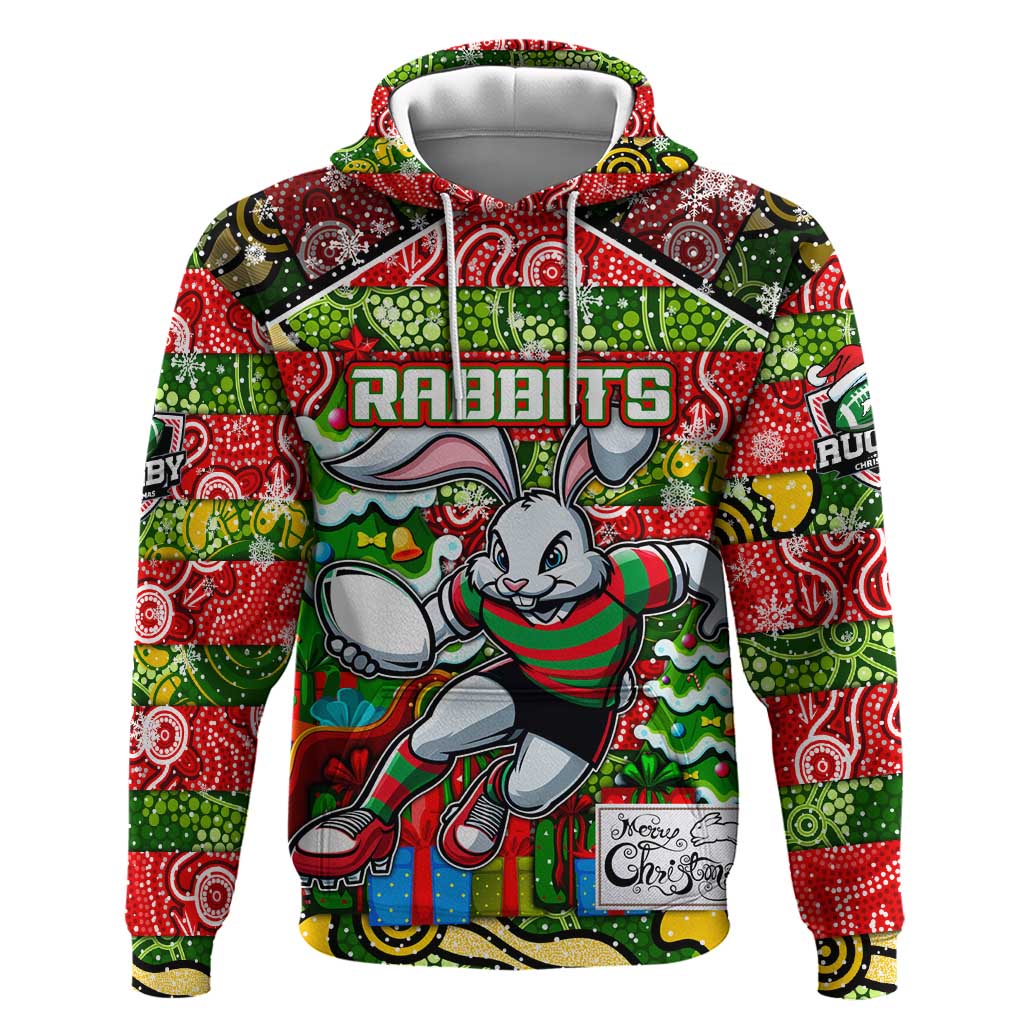 Custom Rabbitohs Rugby Merry Christmas Hoodie Indigenous Australian Art