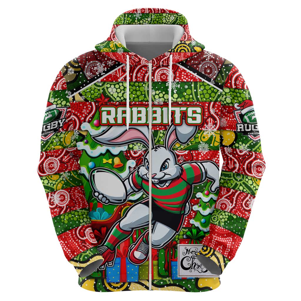 Custom Rabbitohs Rugby Merry Christmas Hoodie Indigenous Australian Art