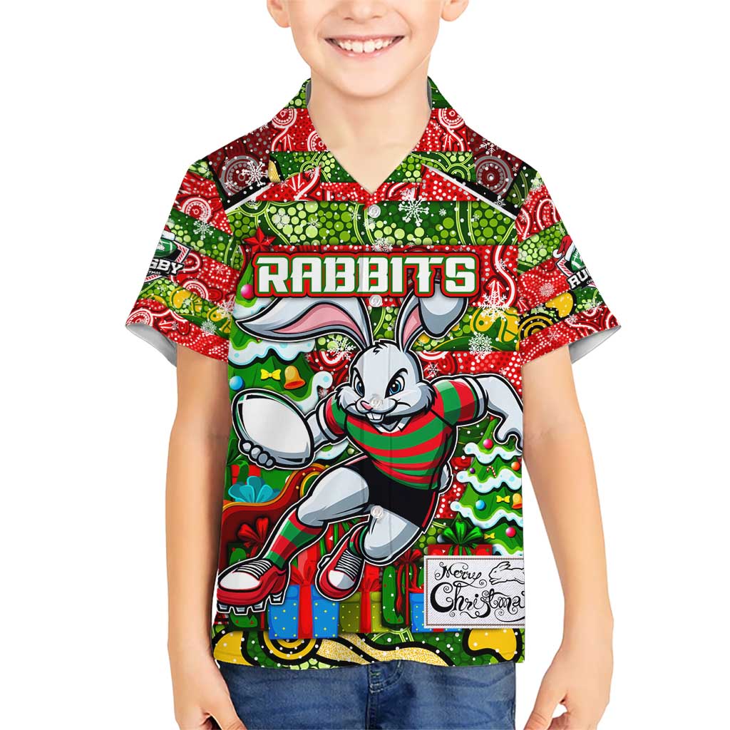Custom Rabbitohs Rugby Merry Christmas Kid Hawaiian Shirt Indigenous Australian Art
