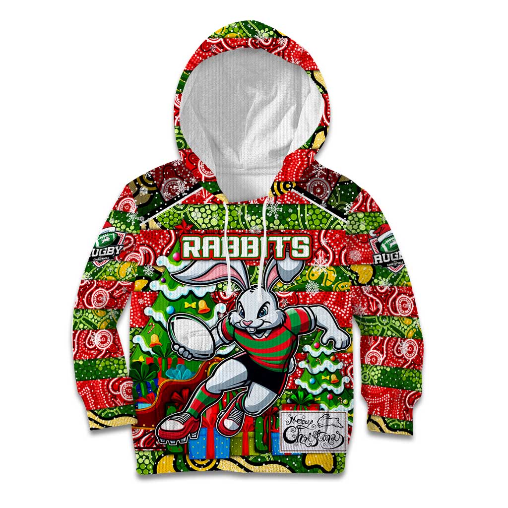 Custom Rabbitohs Rugby Merry Christmas Kid Hoodie Indigenous Australian Art