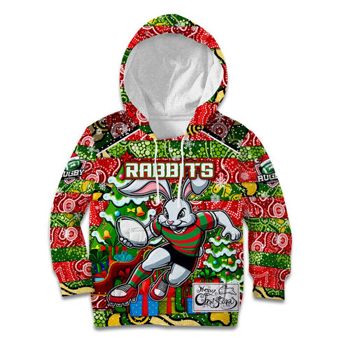 Custom Rabbitohs Rugby Merry Christmas Kid Hoodie Indigenous Australian Art