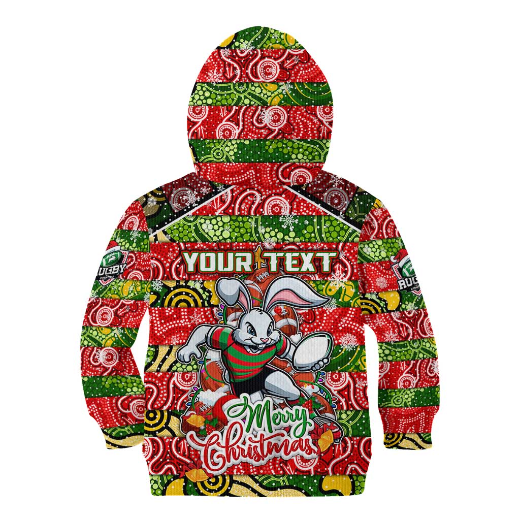 Custom Rabbitohs Rugby Merry Christmas Kid Hoodie Indigenous Australian Art