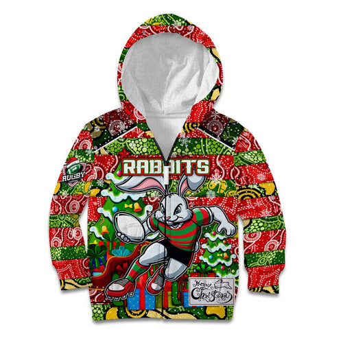 Custom Rabbitohs Rugby Merry Christmas Kid Hoodie Indigenous Australian Art