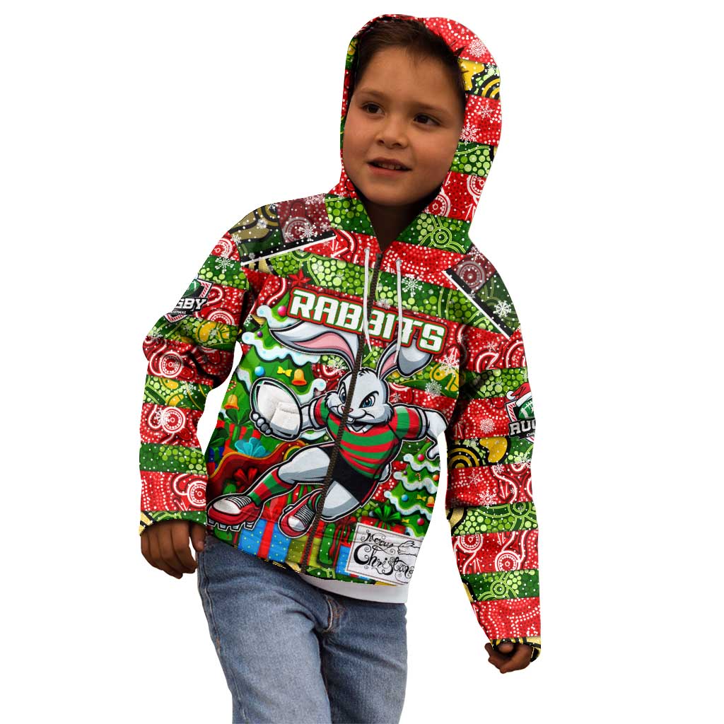 Custom Rabbitohs Rugby Merry Christmas Kid Hoodie Indigenous Australian Art