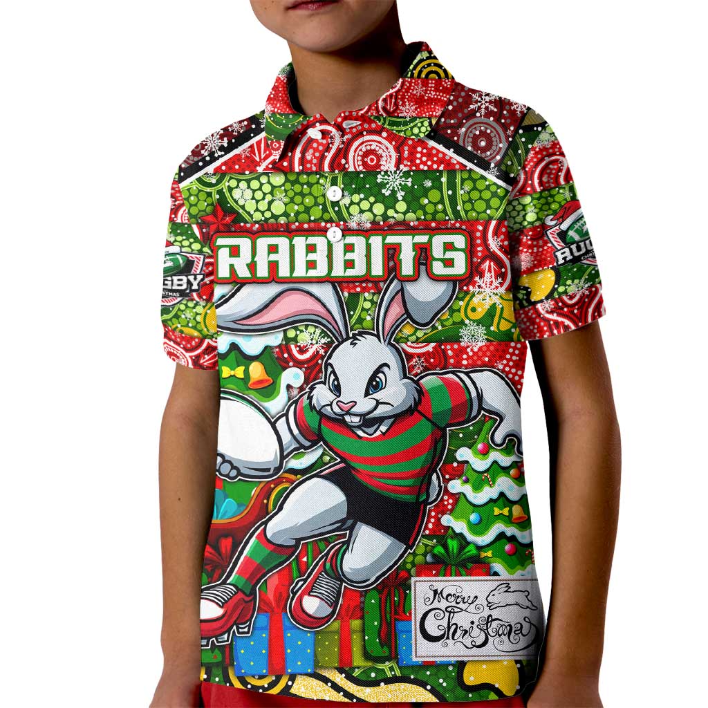 Custom Rabbitohs Rugby Merry Christmas Kid Polo Shirt Indigenous Australian Art