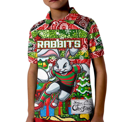 Custom Rabbitohs Rugby Merry Christmas Kid Polo Shirt Indigenous Australian Art