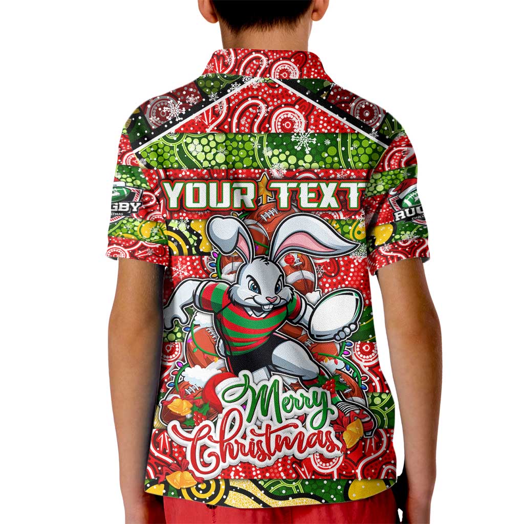 Custom Rabbitohs Rugby Merry Christmas Kid Polo Shirt Indigenous Australian Art