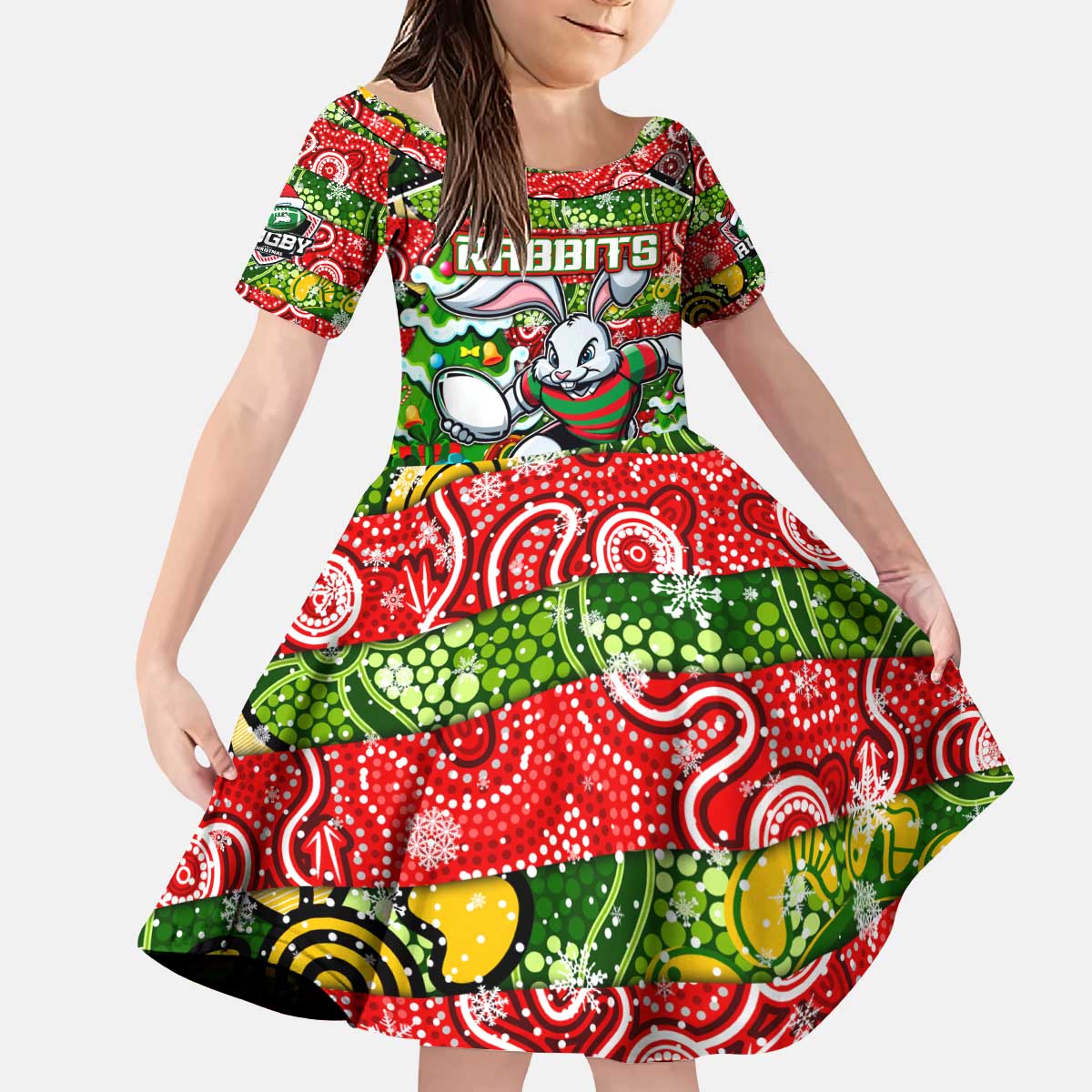Custom Rabbitohs Rugby Merry Christmas Kid Short Sleeve Dress Indigenous Australian Art