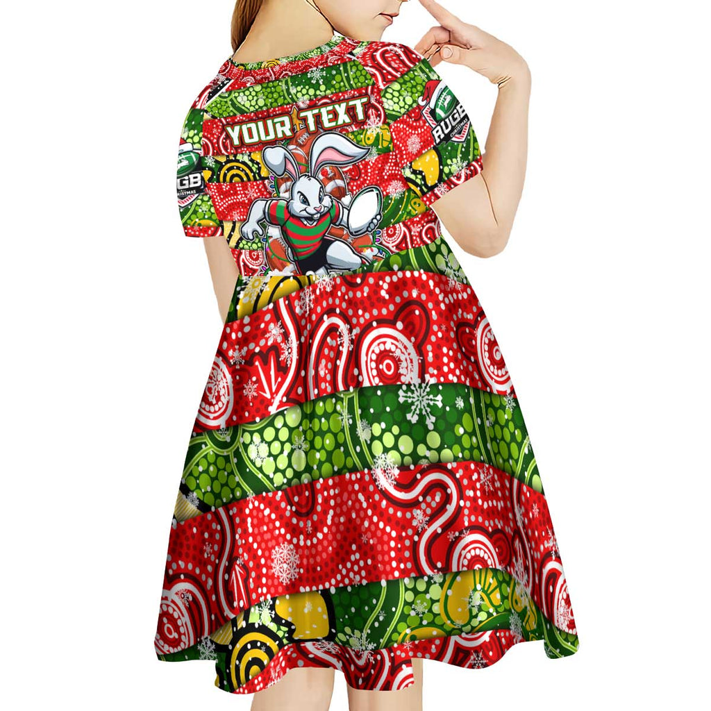 Custom Rabbitohs Rugby Merry Christmas Kid Short Sleeve Dress Indigenous Australian Art